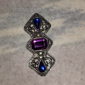 Three Diamond Shape Brooch with Amethyst and Blue Stones